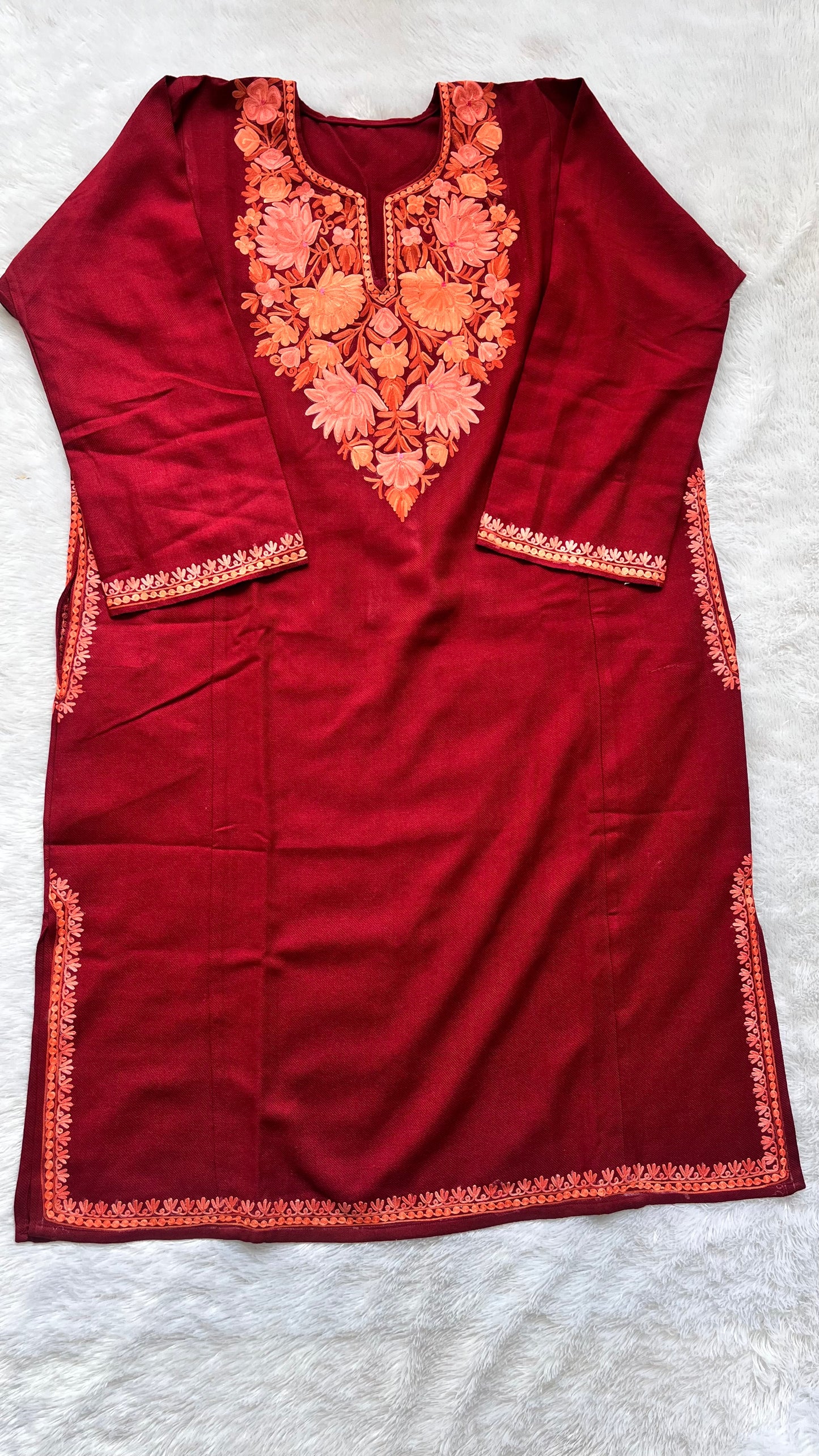 Wine Shade Kashmiri Aari Work Full Embroidered Pheran with Pockets