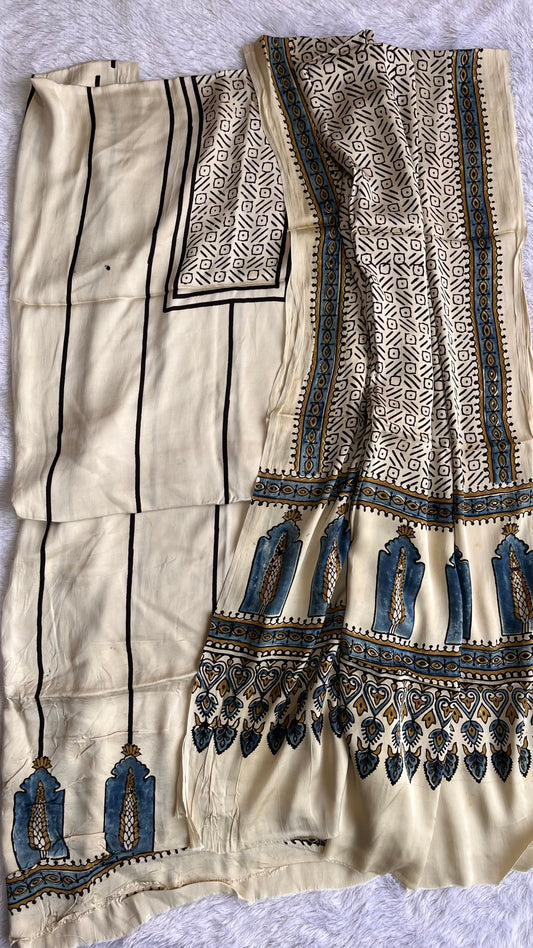 Off White Dhaari and Jharokha Print Modal Silk Hand Block Print 2pc Suit Material