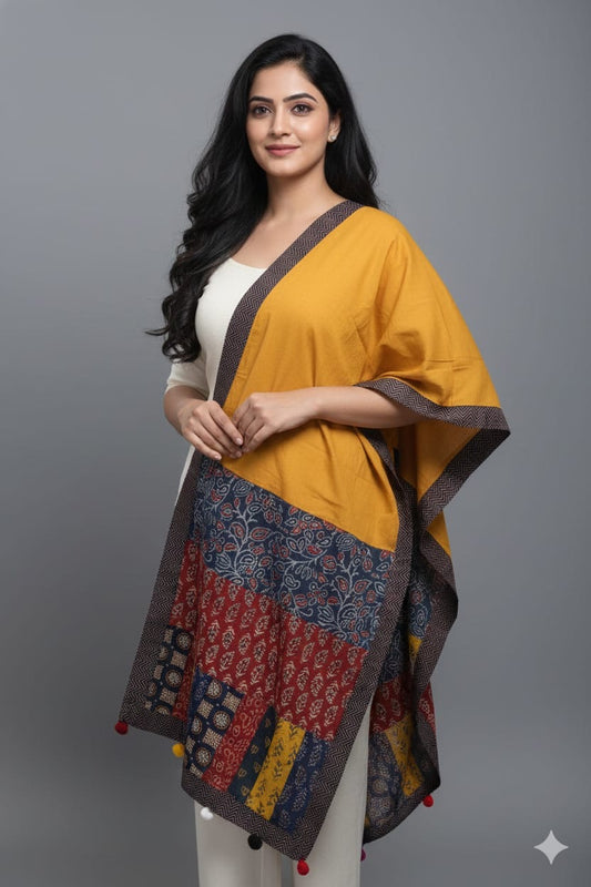 Yellow Ajrakh Patchwork Cotton Stole