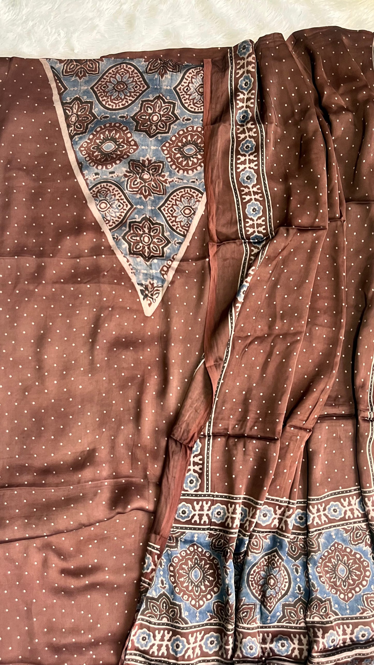 Warm Caramel Shade Modal Silk Ajrakh Hand Block 2 pc Suit Set with Modal Silk Dupatta