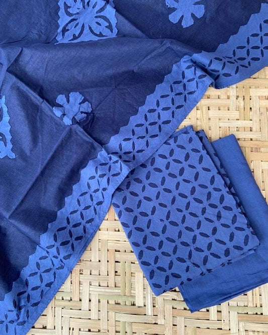 Ink Blue Barmer Applique Cut Work Cotton 3pc Suit Material Set