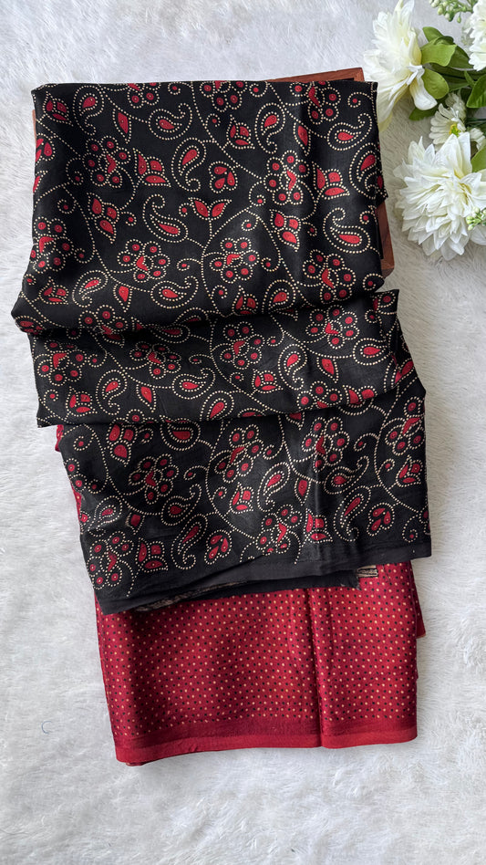 Black and Red Floral Motif and Asopallav Ajrakh Mashru Silk Kurta Pant Fabric