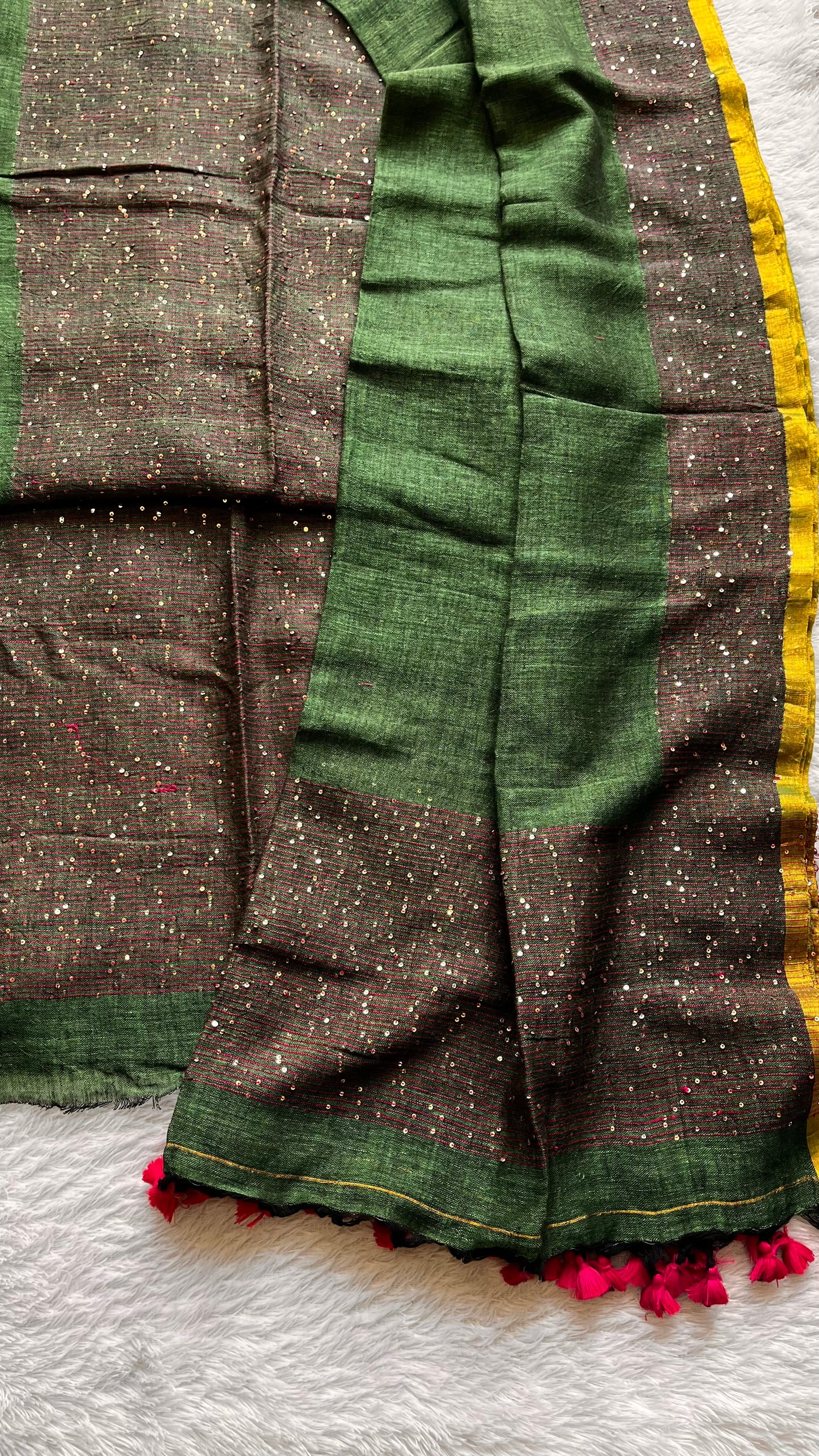 Forest Green Pure Linen on Linen Hand Woven Suit Set with Sequins Work and Tassels