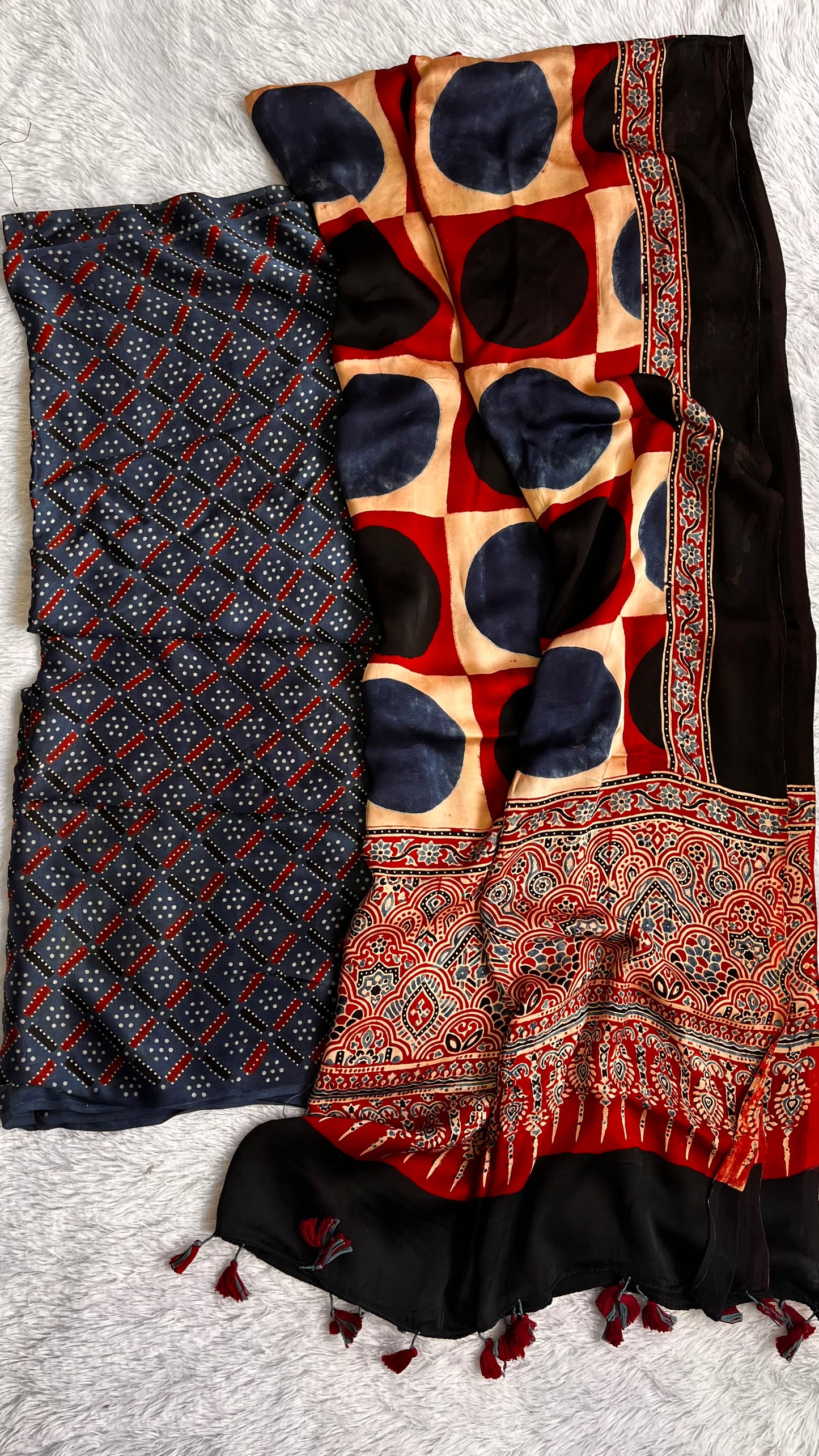 Blue Shade Modal Silk Ajrakh Hand Block Print 2pc Suit Material Set with Modal Silk Dupatta