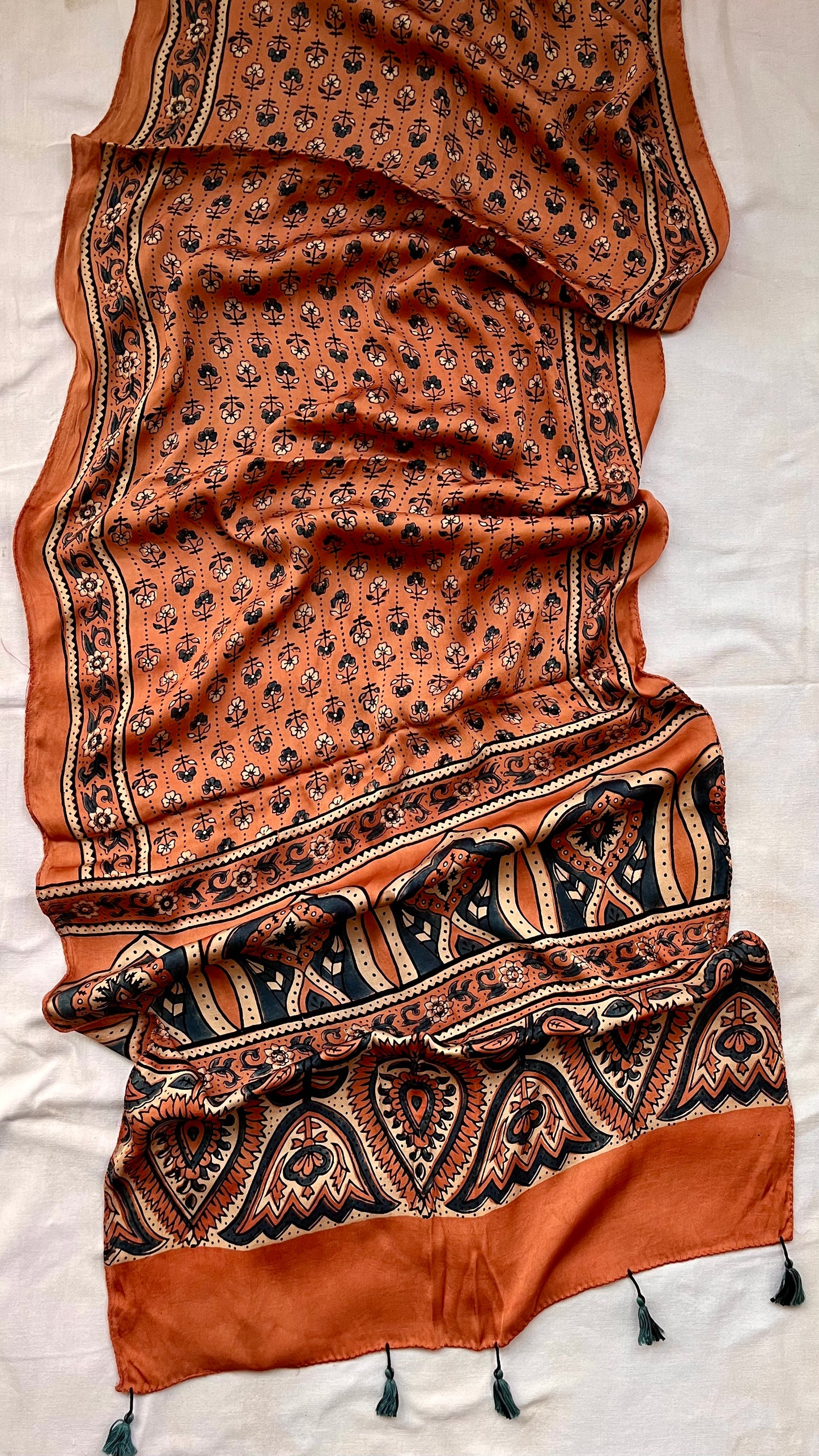 Kesari Choti Booti Ajrakh Hand Block Print Modal Silk Stole with Tassels