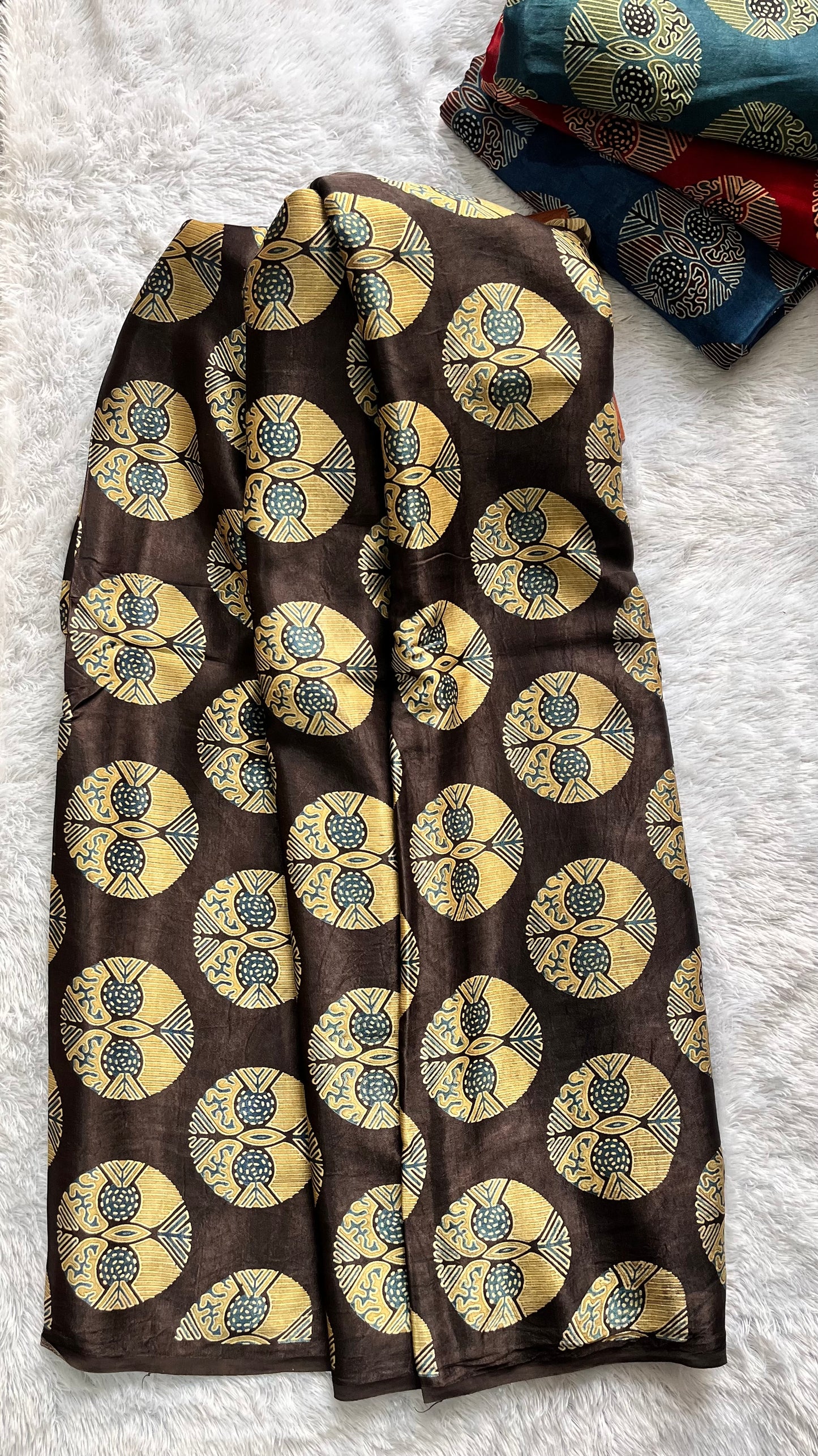 Coffee Brown Circle Motif Ajrakh Mashru Silk Fabric