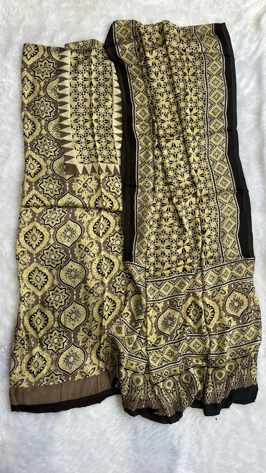 Beige Badaam Buti Modal Silk Hand Block Print 2pc Suit Material Set