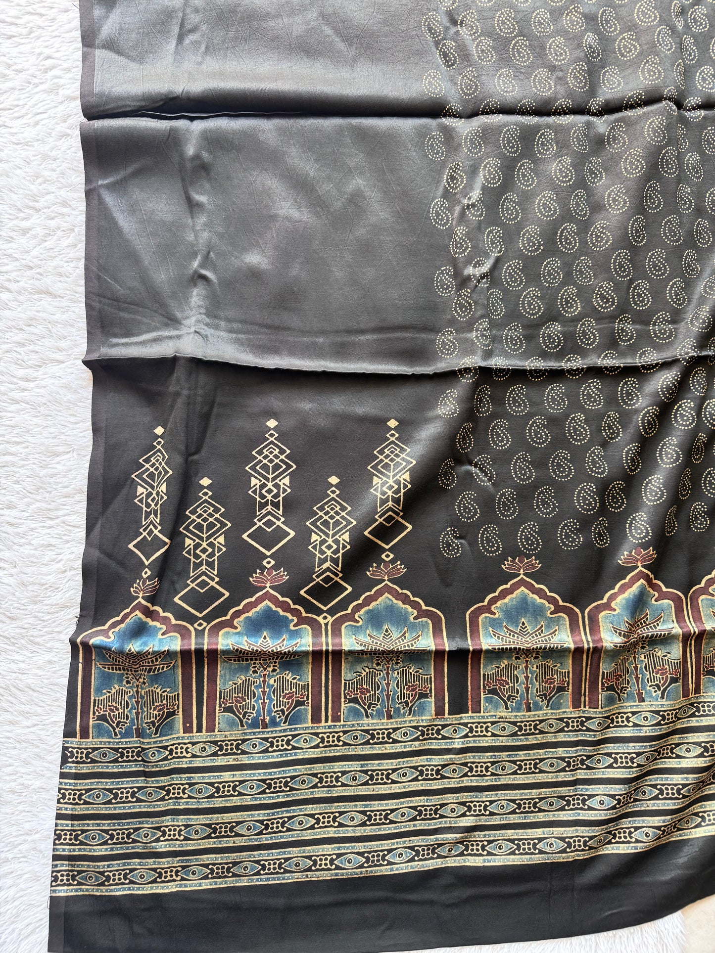 Black Jharokha Motif Ajrakh Hand Block Print Mashru Silk 3 pc Suit Material with Modal Silk Dupatta