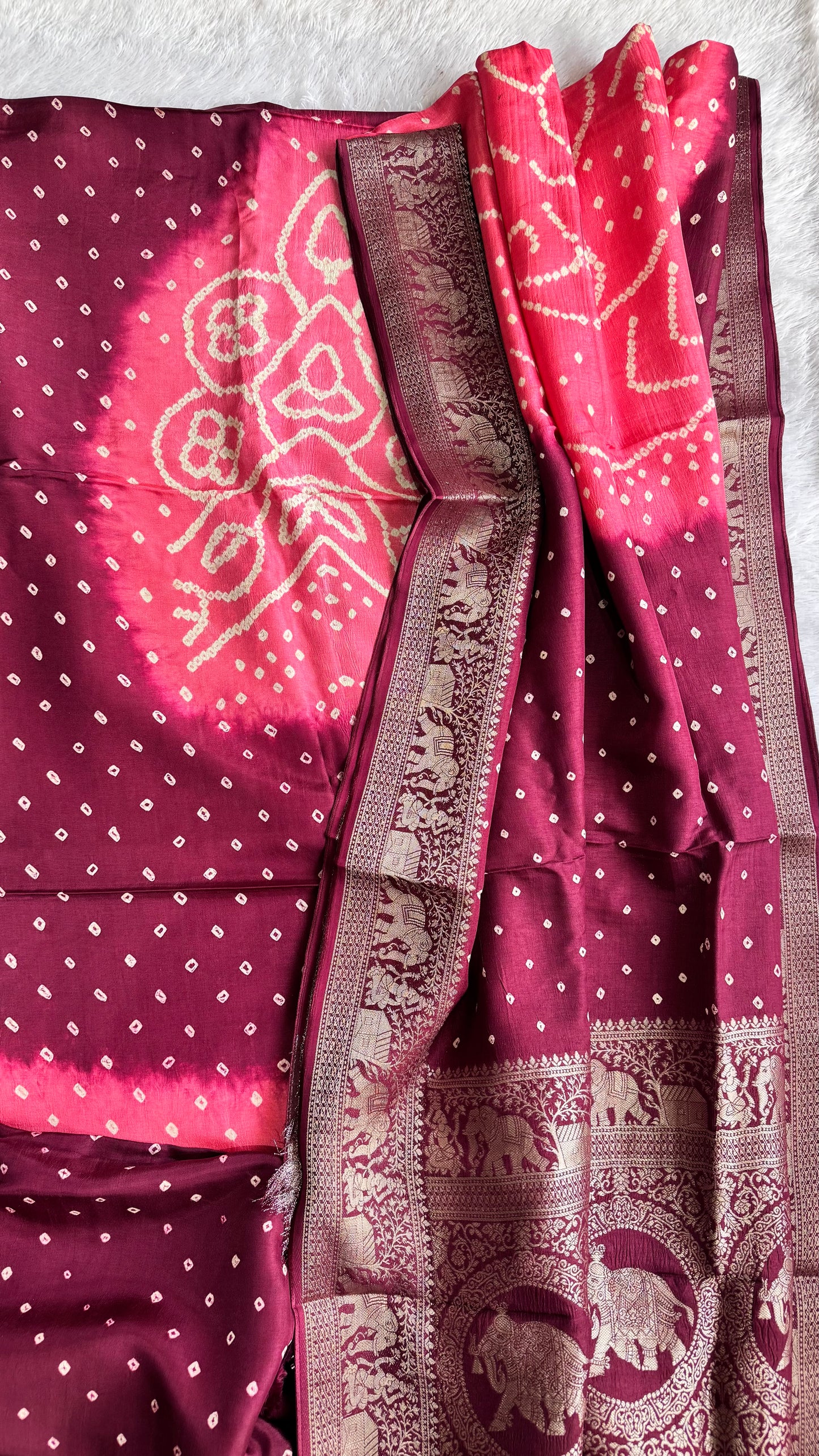 Maroon and Peach Bandhej Pure Dola Silk Ajrakh Hand Block Print 3 pc Suit Material Set with Menakari Yoke and Nakkashi Dupatta and Bottom.