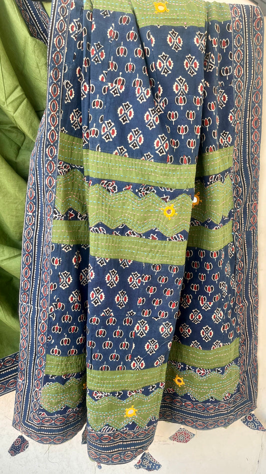 Yellow and Blue Ajrakh Patchwork Cotton Saree with Embroidery and Mirror Work