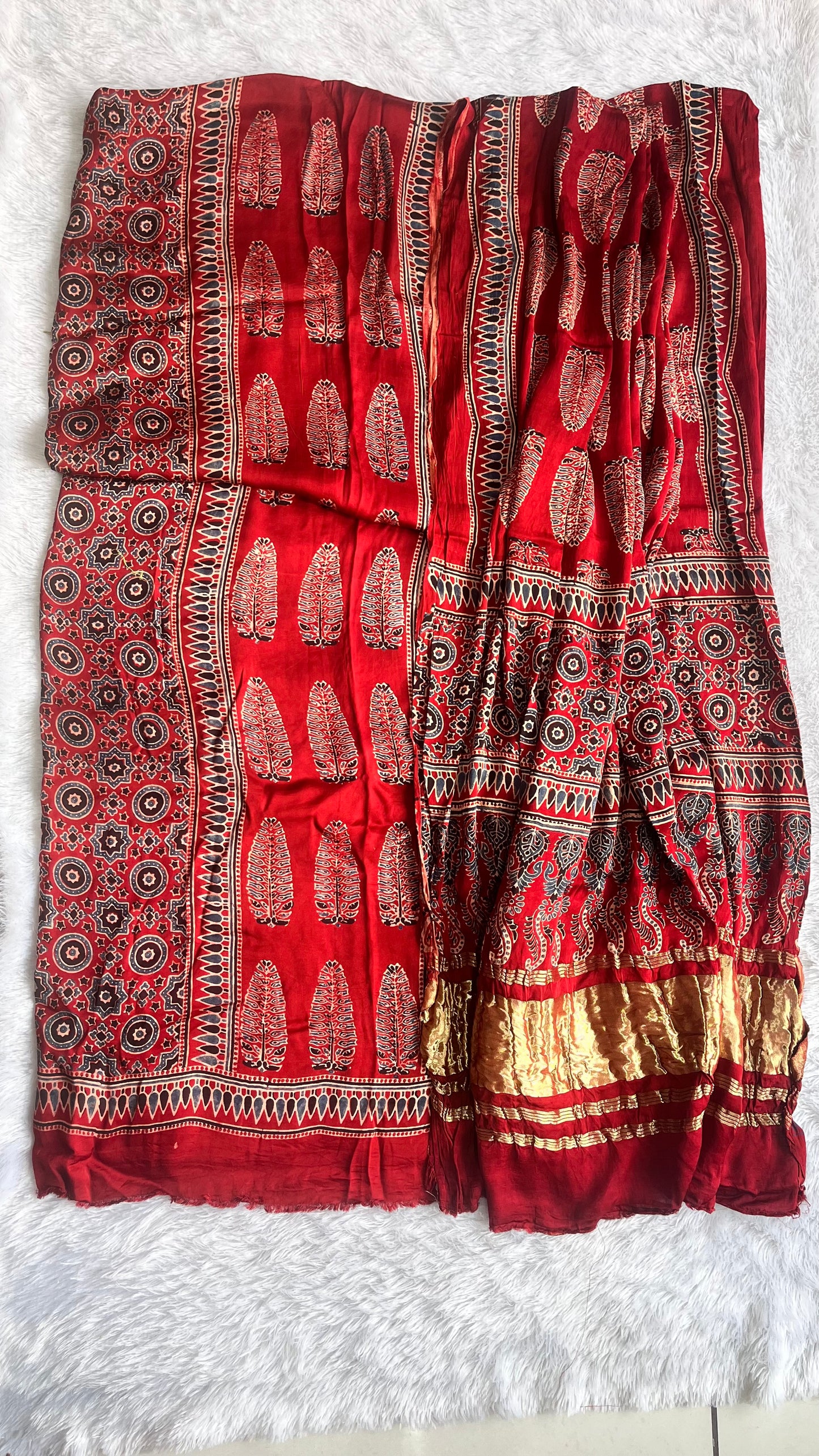 Red Asopallav Buta Print Modal Silk Ajrakh Natural Dyed Hand Block Suit Set with Lagdi Patti Dupatta