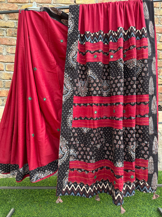 Red and Black Pure CottonSaree with Ajrakh Applique Patchwork and Tassels