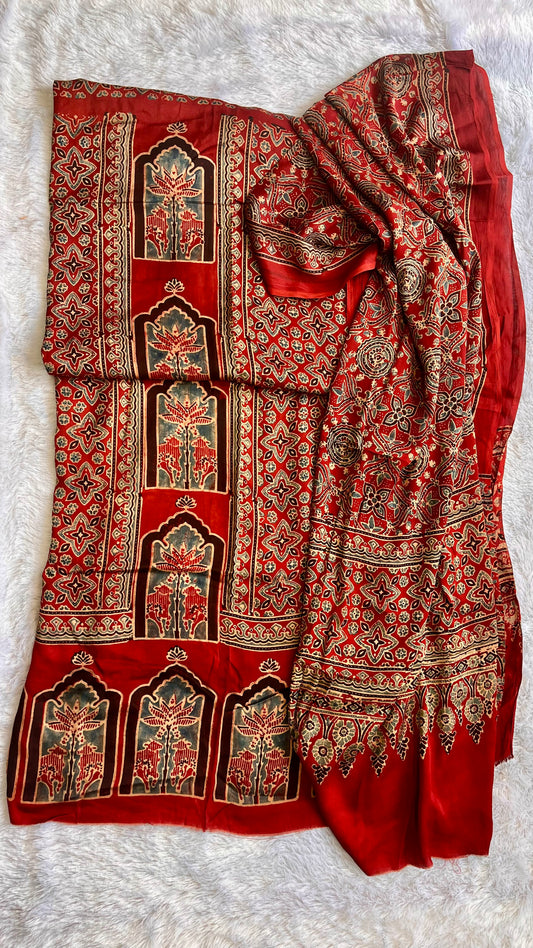 Red Jharoka and Asopallav Modal Silk Hand Block Print 2pc Suit Material Set