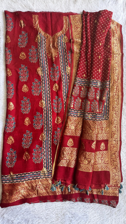 Maddar Red Mugal Boota Pure Dola Silk Ajrakh Hand Block Print 2pc Suit Material Set with Zari Yoke and Nakkashi Dupatta
