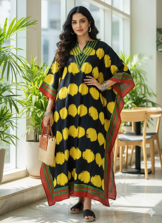 Black and Yellow Big Polka Motif Modal Silk Ajrakh Hand Block Print Designer Unstitched Fabric (Kurta Only)