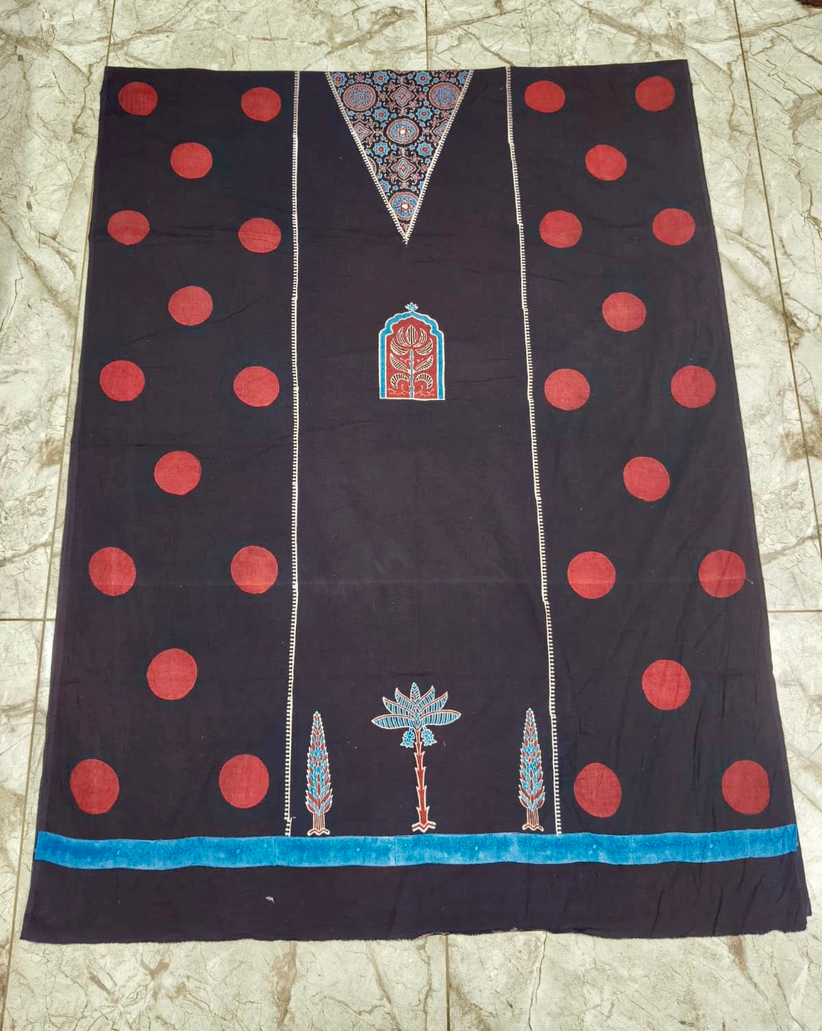 Black and Red Jharokha and Polka Motif Modal Silk Ajrakh Hand Block Print Designer Unstitched Fabric (Kurta Only)