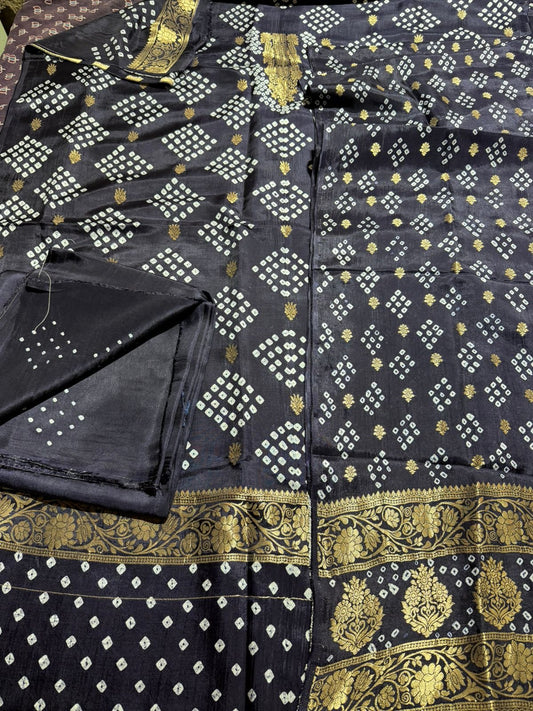 Gorgeous Black Raidana Bandhej Pure Dola Silk Ajrakh Hand Block Print 3 pc Suit Material Set with Menakari Yoke and Nakkashi Dupatta and Bottom