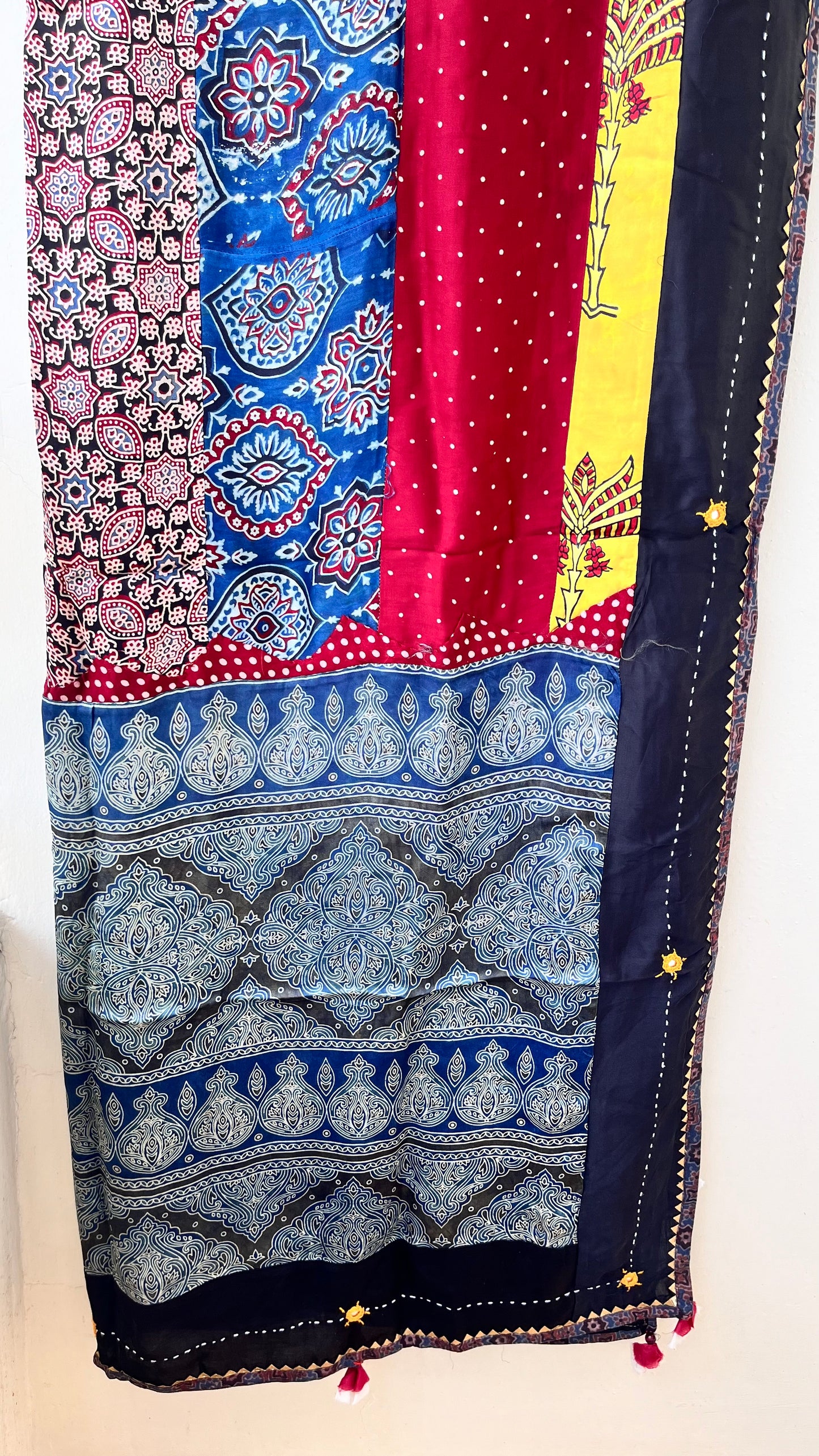 Multicolour Ajrakh Applique Patchwork Modal Silk Kantha Work Dupatta with Tassels and Mirror-work
