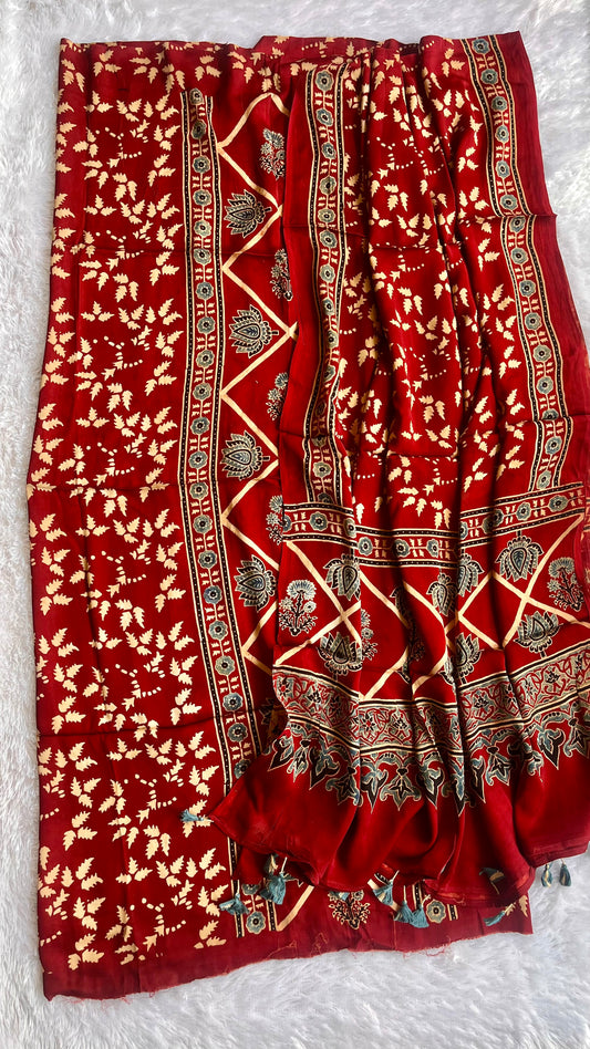Deep Red Kamal and Pati Buta Modal Silk Ajrakh Natural Dyed Hand Block Print 2pc Suit Material Set