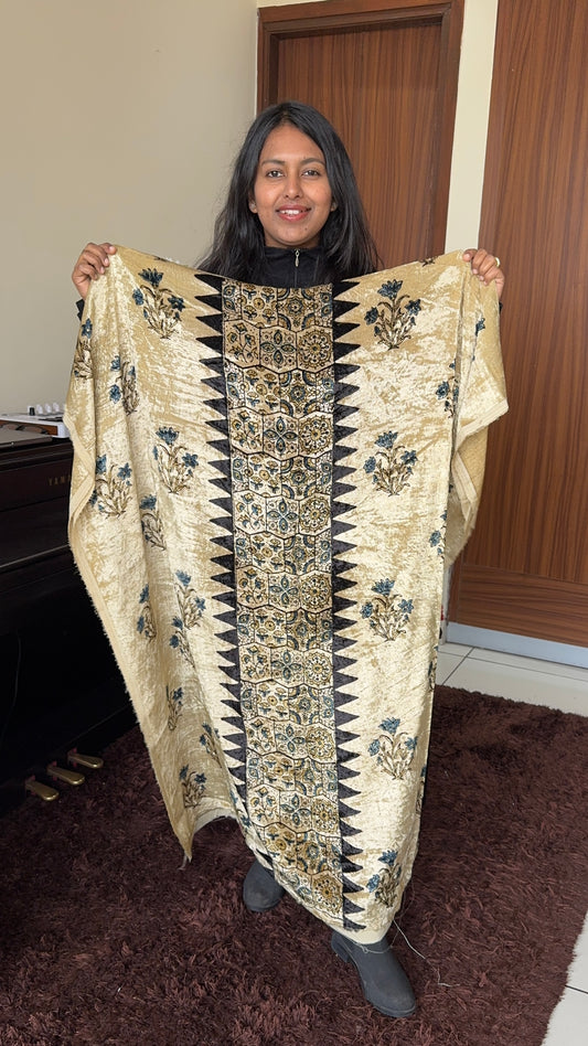 Offwhite Mughal  Buta Velvet Fabric Ajrakh Hand Block Print Designer Unstitched Fabric (Kurta Only)