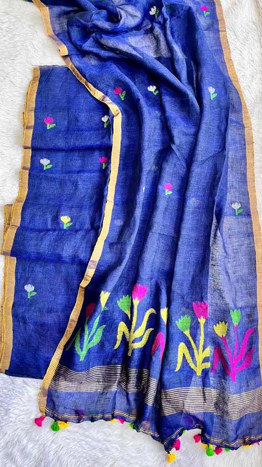 Navy Blue Shade Pure Linen on Linen Hand Woven Suit Set with Floral Daman and Tassels