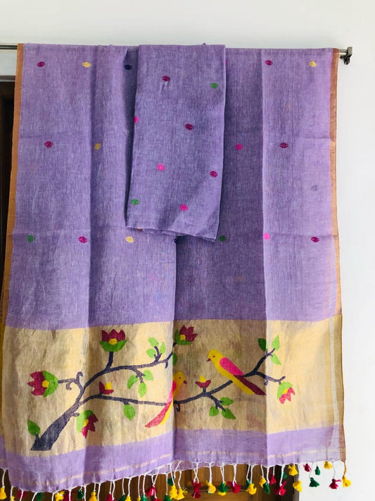 Lavender Paithani Unstitched Pure Linen on Linen Hand Woven Daman 2 pc Suit Set