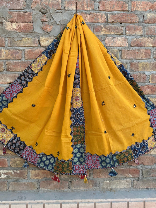 Mustard Yellow Ajrakh Applique Patchwork Border Cotton Dupatta with Mirror Work