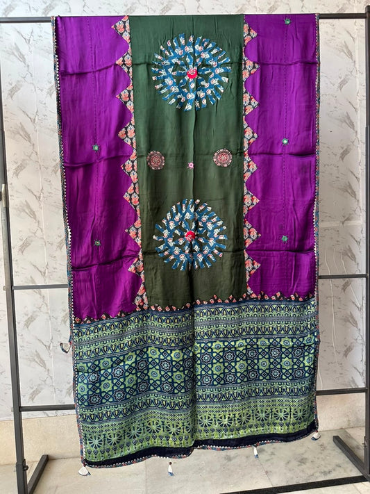 Purple and Green Ajrakh Applique Patchwork Modal Silk Dupatta