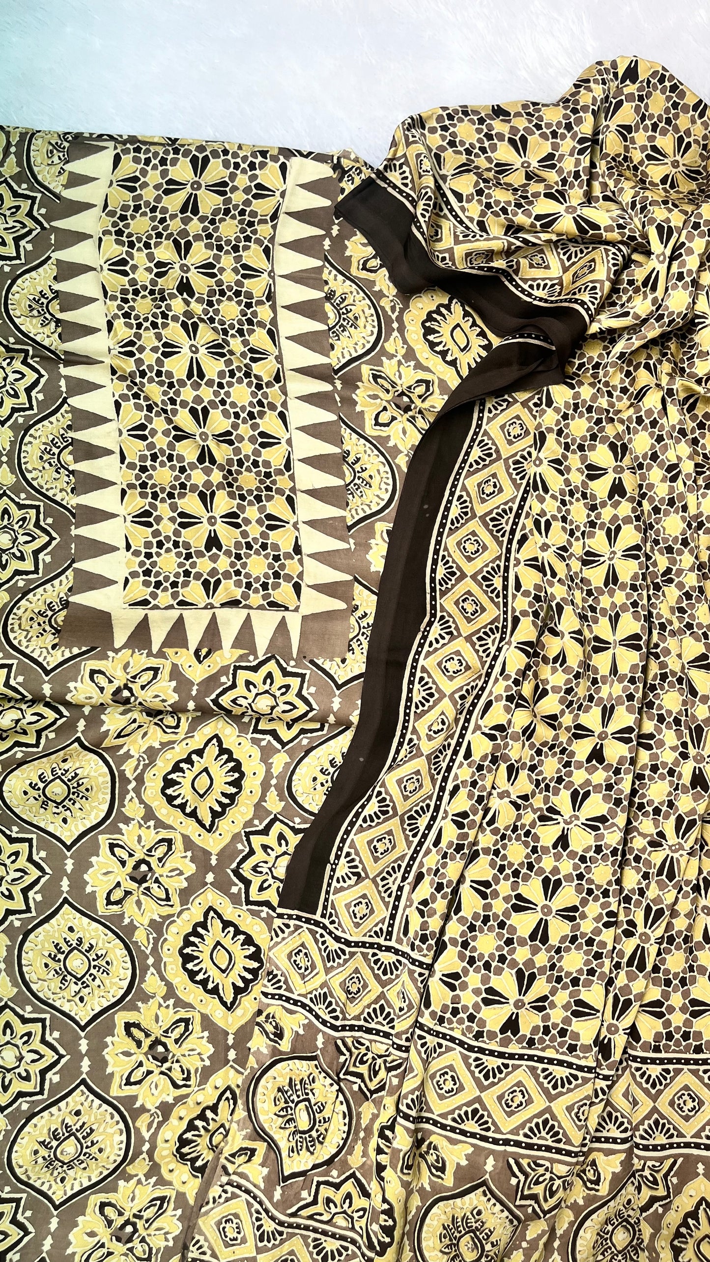 Beige Badaam Buta Motif Ajrakh Hand Block Print Modal Silk Suit Material