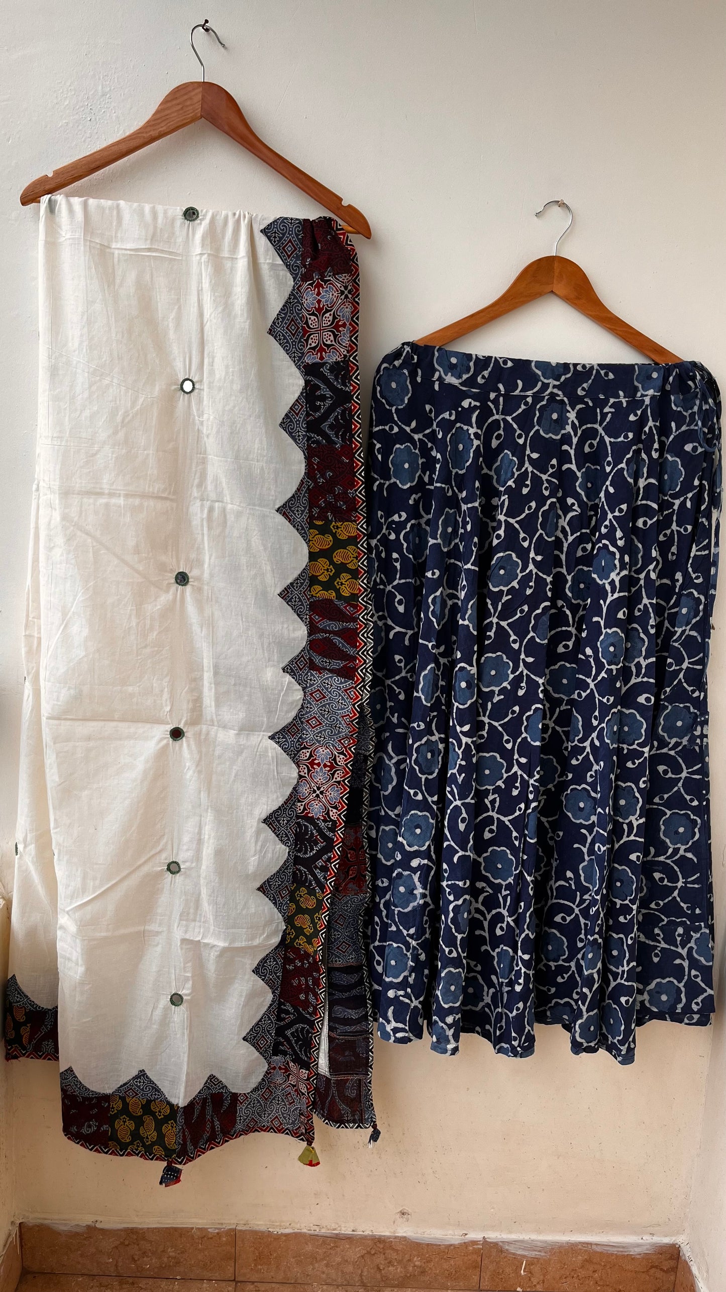 Indigo Kali Cotton Long Flared Skirt with White Multicoloured Applique Patchwork Dupatta