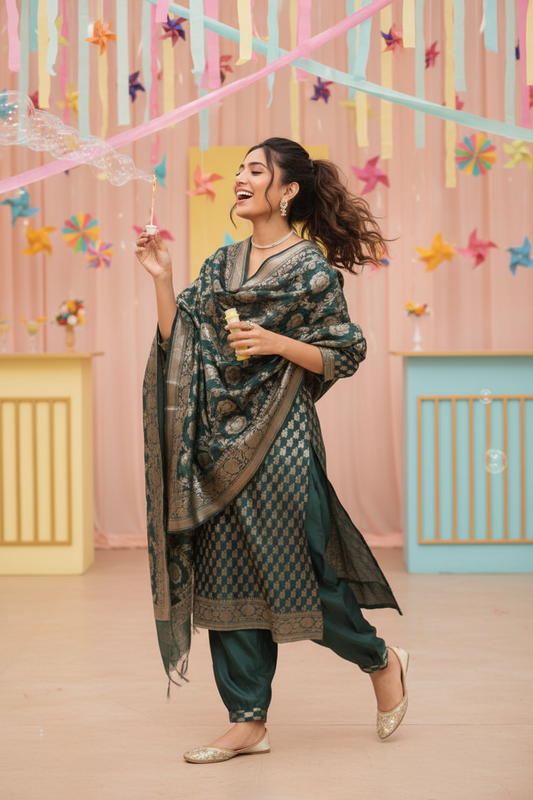 Emerald Green Banarasi Chanderi Silk Suit Set