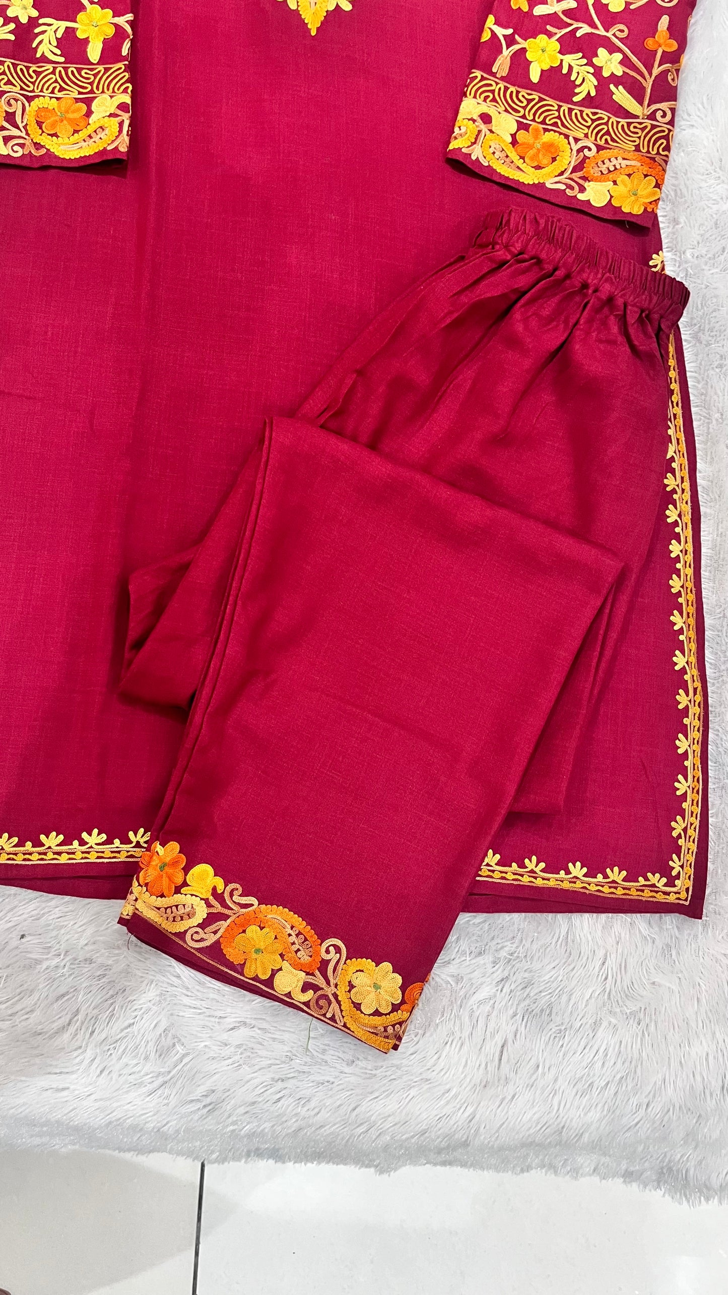 Maroon Floral Threadwork Pure Cotton Kashmiri Embroidery Kurta and Pant Set ( Size 40, 42)