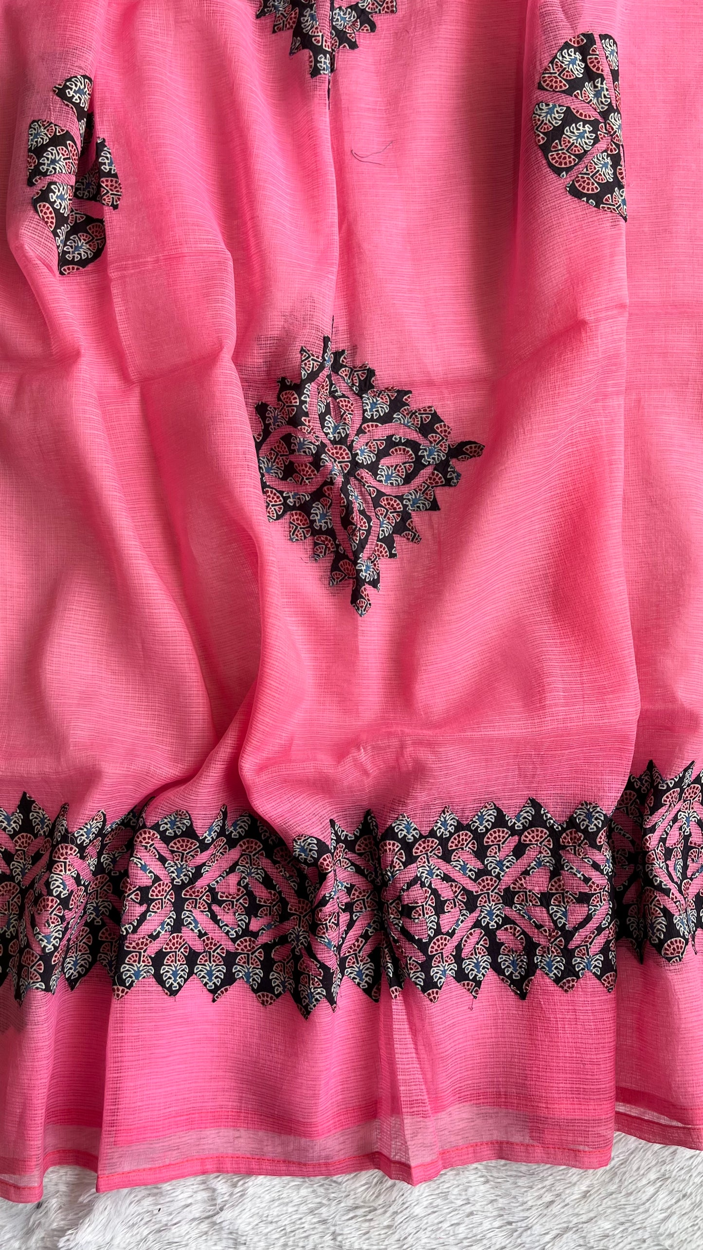Bubblegum Pink and Blue Kota Doria Dupatta with Blue Ajrakh Applique Patchwork