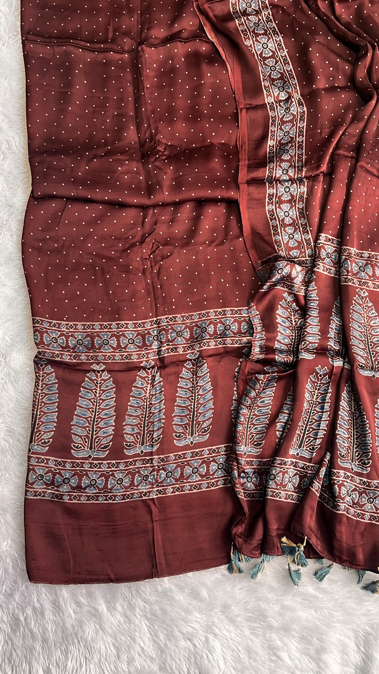 Warm Caramel Polka and Asopallav Motif Ajrakh Hand Block Print Chanderi Silk Suit Material