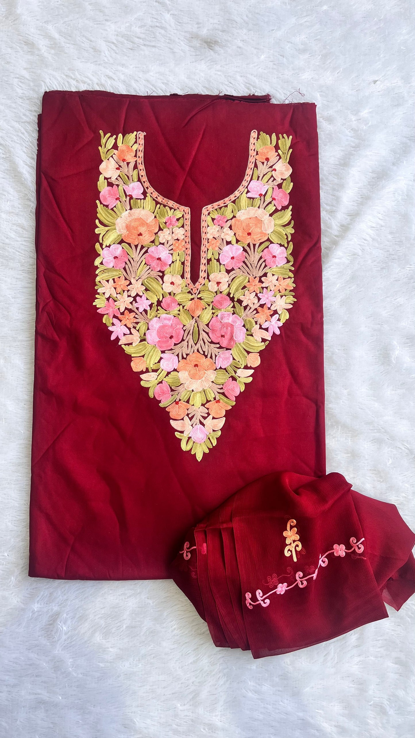 Magnetic Maroon Muslin Cotton Kashmiri Aari Embroidered 3pc Suit Set