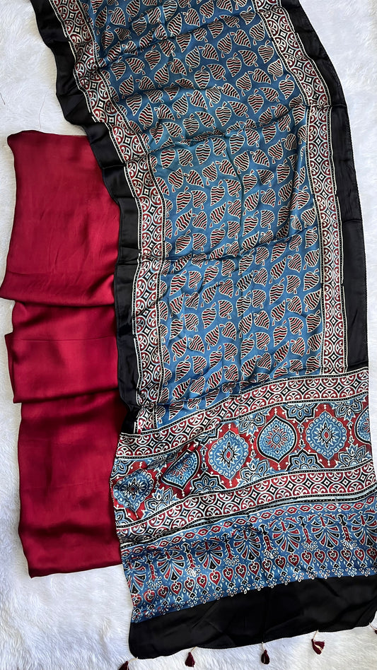 Maroon Solid Shade Modal Silk 2 pc Suit Set with Matching Blue Grid Buta Modal Silk Stole
