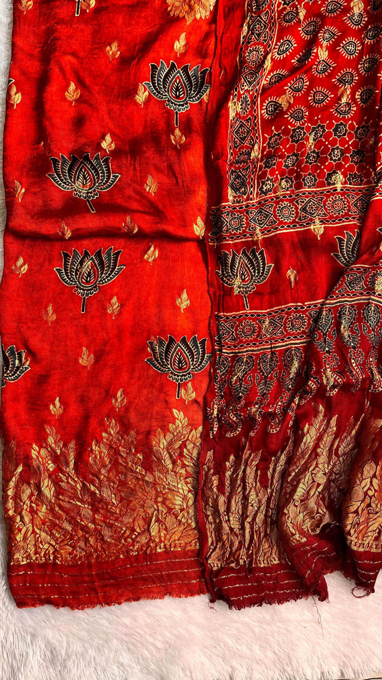 Ravishing Red Ajrakh Dola Silk Hand Block Print 2 pc Suit Material Set with Nakkashi Border