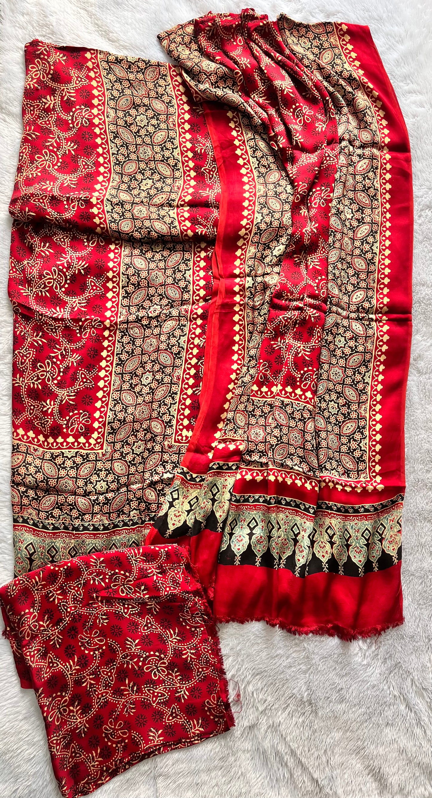 Red Boota Motif Modal Silk Ajrakh Hand Block 3 pc Suit Set