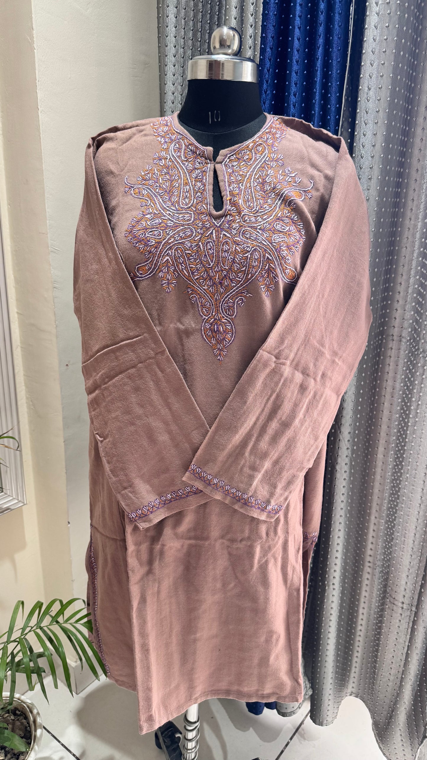 Mouse Shade Hand Embroidered Pure Marino Wool Kashmiri Pheran with Pockets and Hand Embroidered Sleeves (Size 52”)
