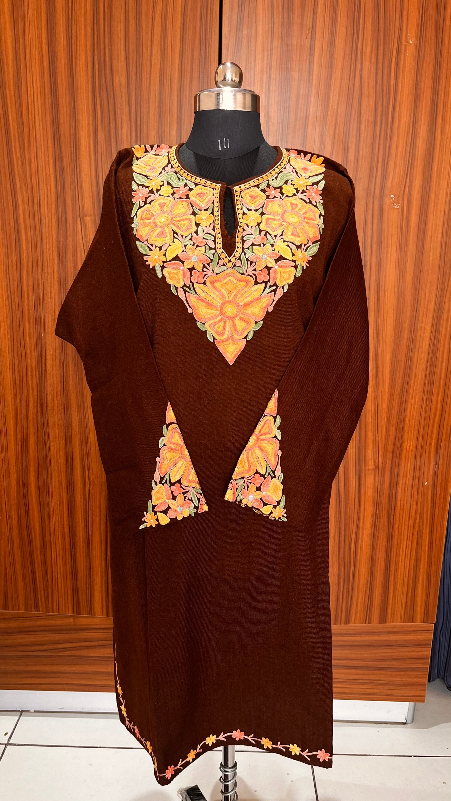 Dark Brown Aari Hand Embroidered Pure Marino Wool Pheran with Pockets