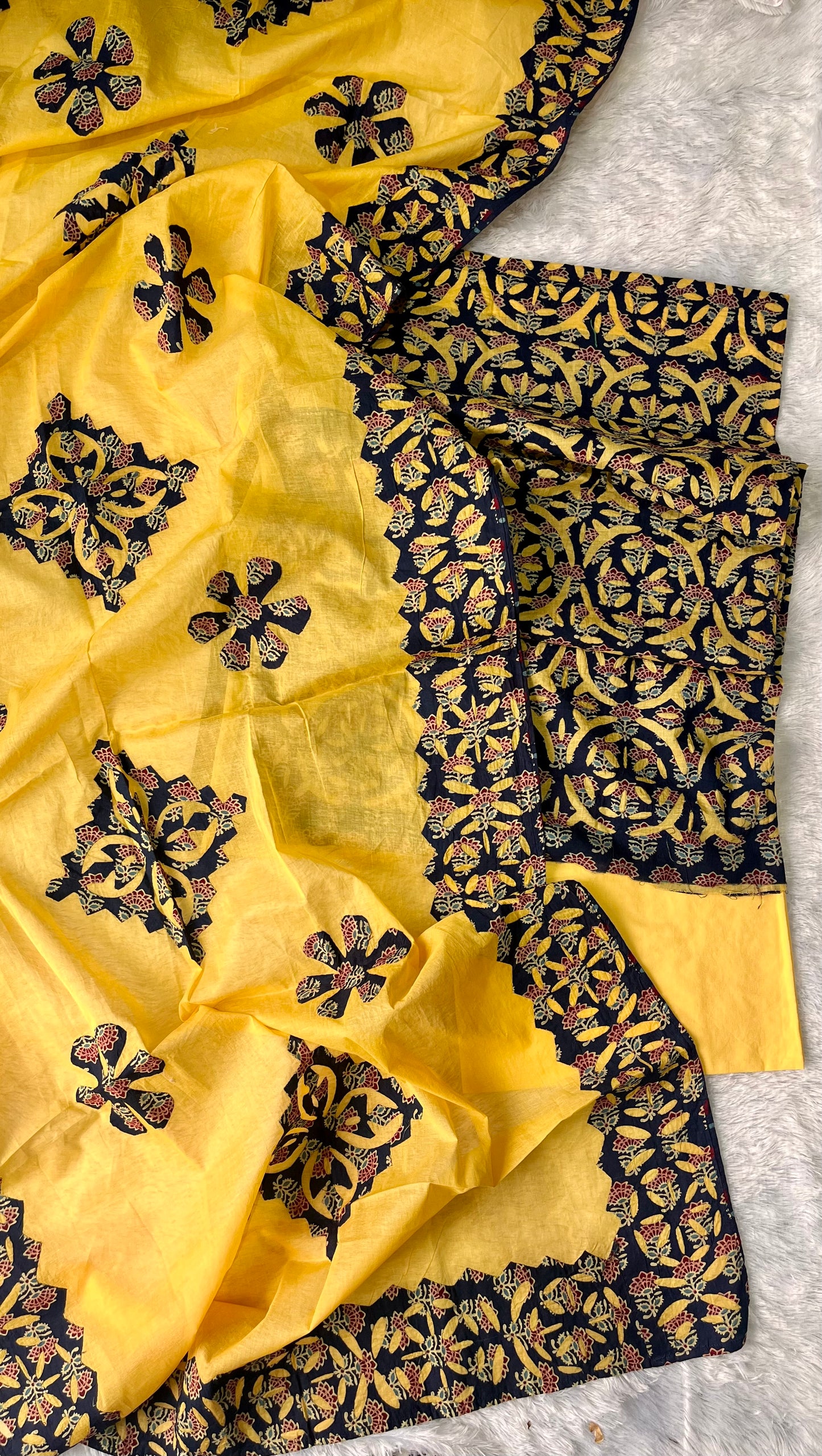 Green and Yellow Ajrakh Applique Cut Work Cotton 3pc Suit Material Set