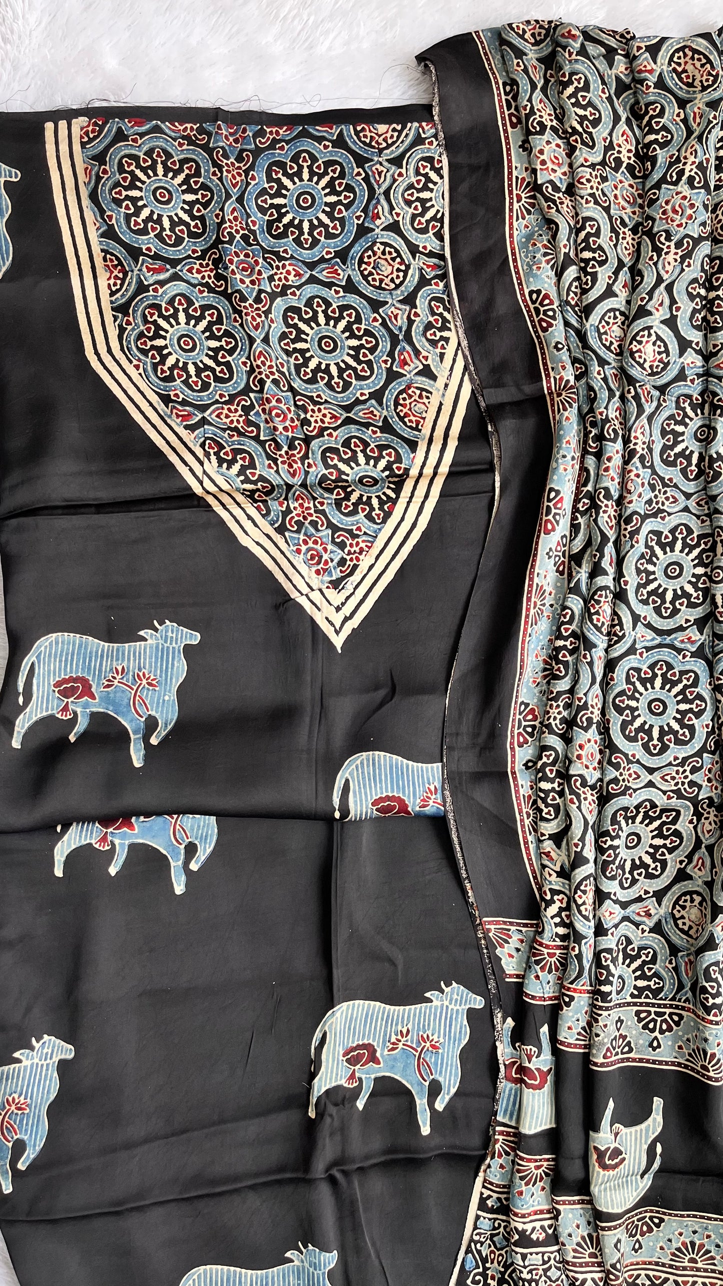 Black Kamdhenu Motif Modal Silk Ajrakh Hand Block 2 pc Suit Set with Tassels Finishing