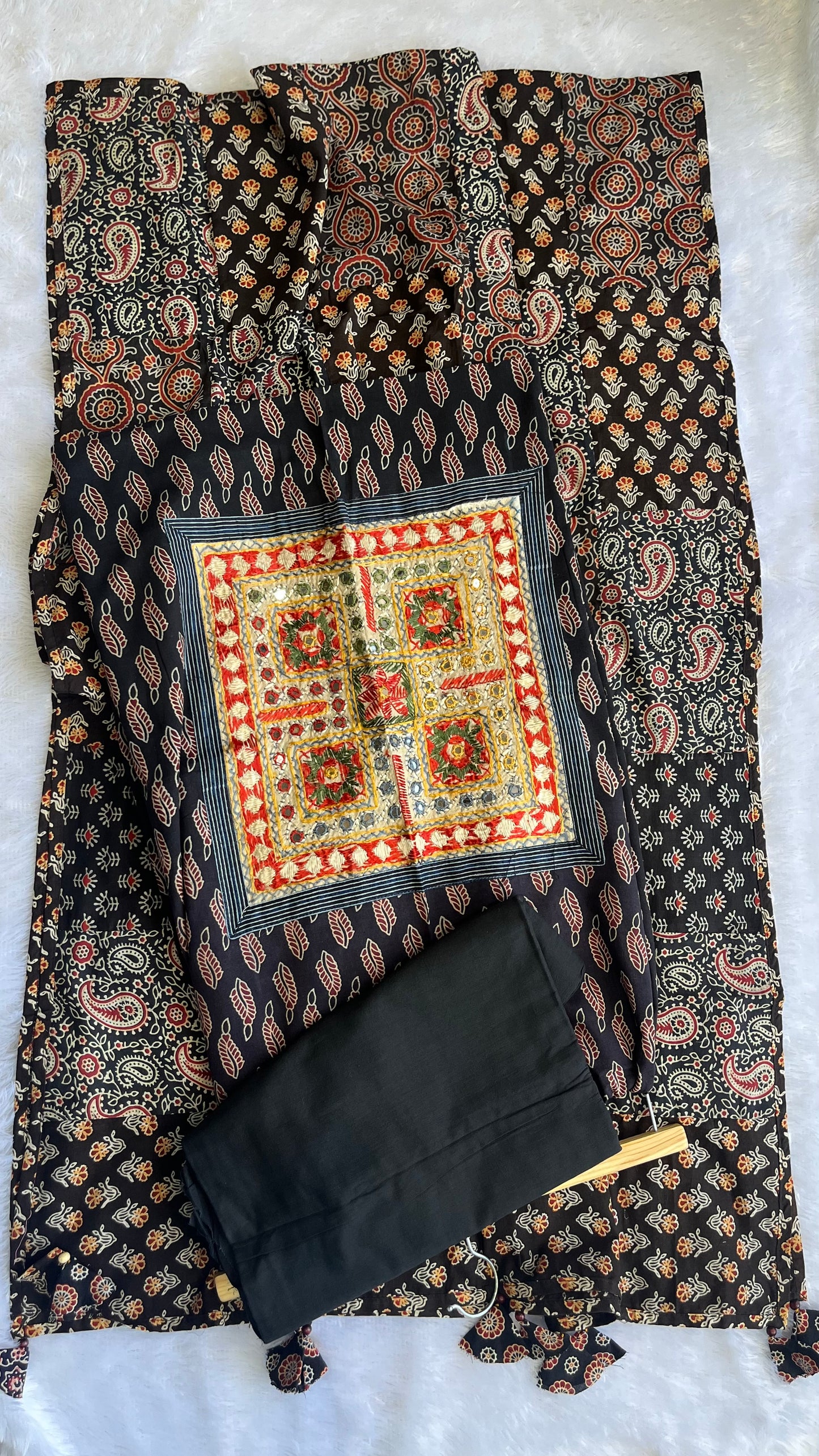 Alluring Black Ajrakh Suit Set with Kutch embroidery and Multicolour Ajrakh Applique Cotton Dupatta