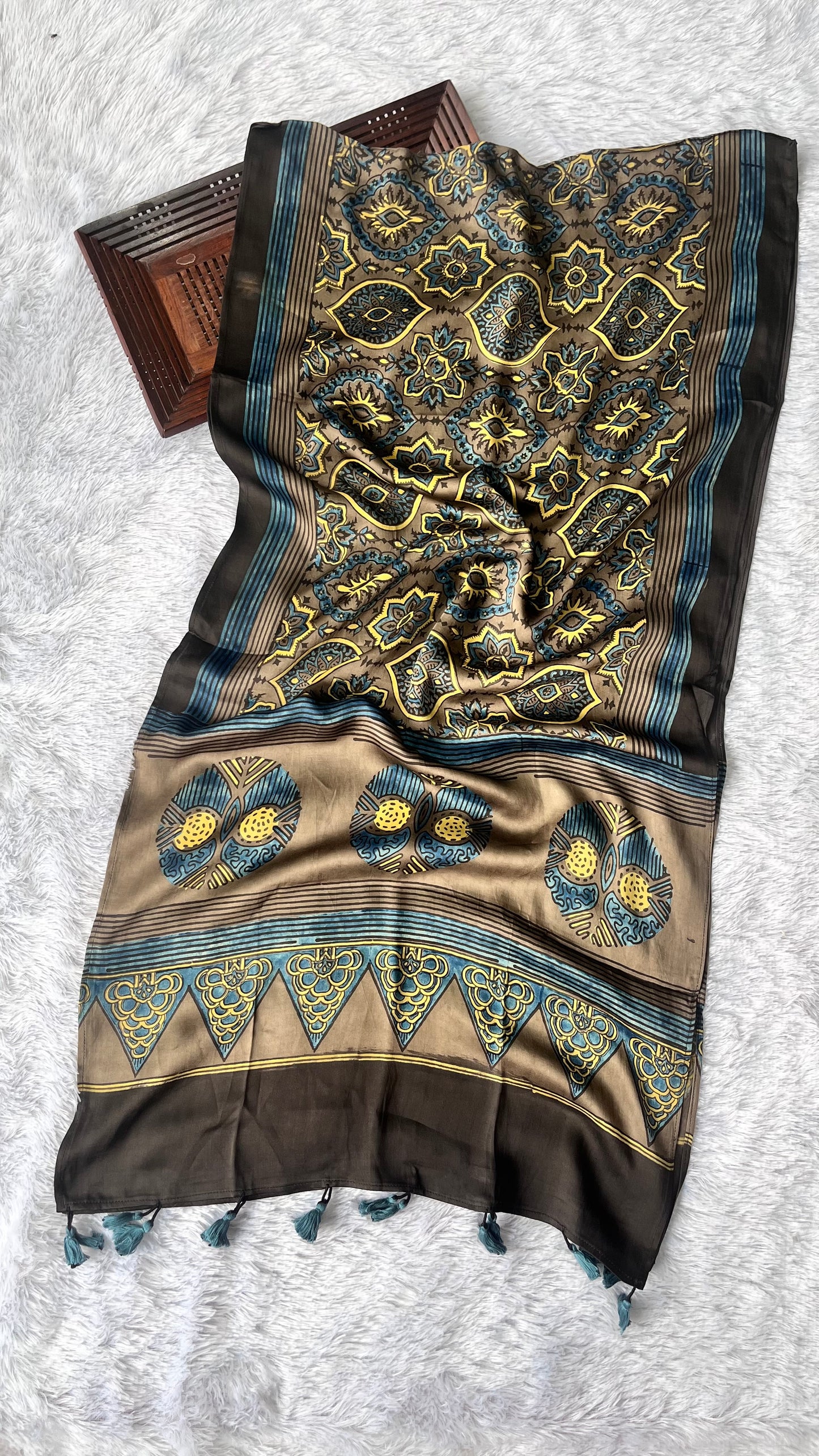 Earthy Brown Badaam Booti Ajrakh Hand Block Print Modal Silk Stole with Tassels