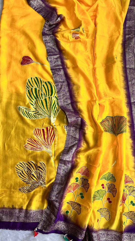 Mesmerising Yellow Dola Silk Hand Brush Print 2pc Suit Material Set with Zari Pallu and Full Finish with Tassels