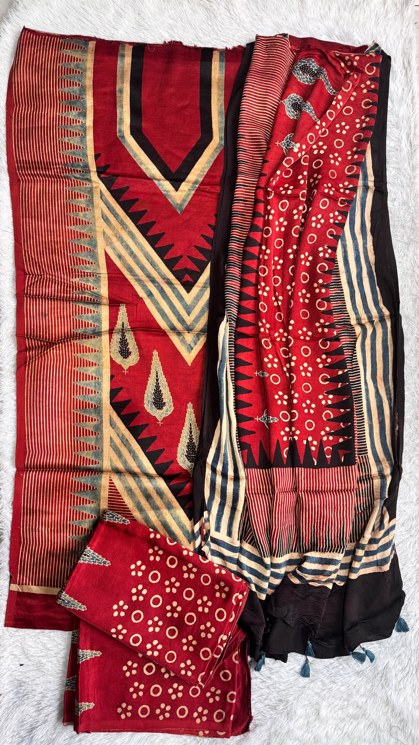 Deep Red Asopallav Motif Ajrakh Hand Block Print Mashru Silk 3 pc Suit Material with Modal Silk Dupatta