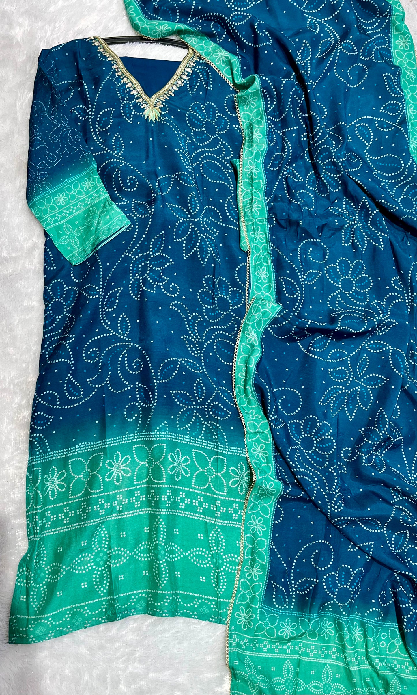 Teal Dual Toned Raidana Bandhej Motif Pure Muslin Suit Set with Muslin Dupatta