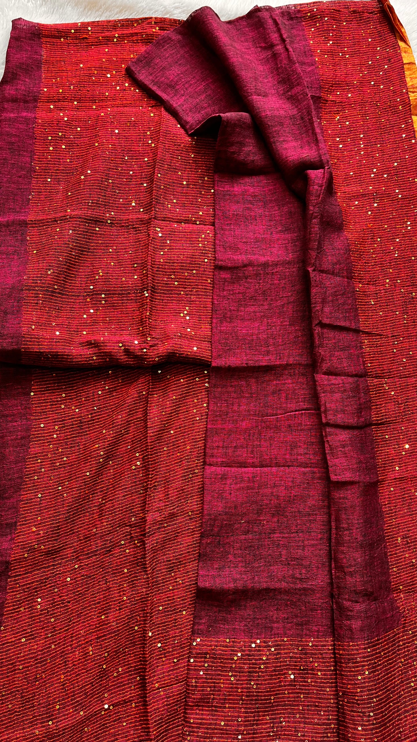 Dark Burnt Orange Pure Linen on Linen Hand Woven Suit Set with Sequins Work and Tassels