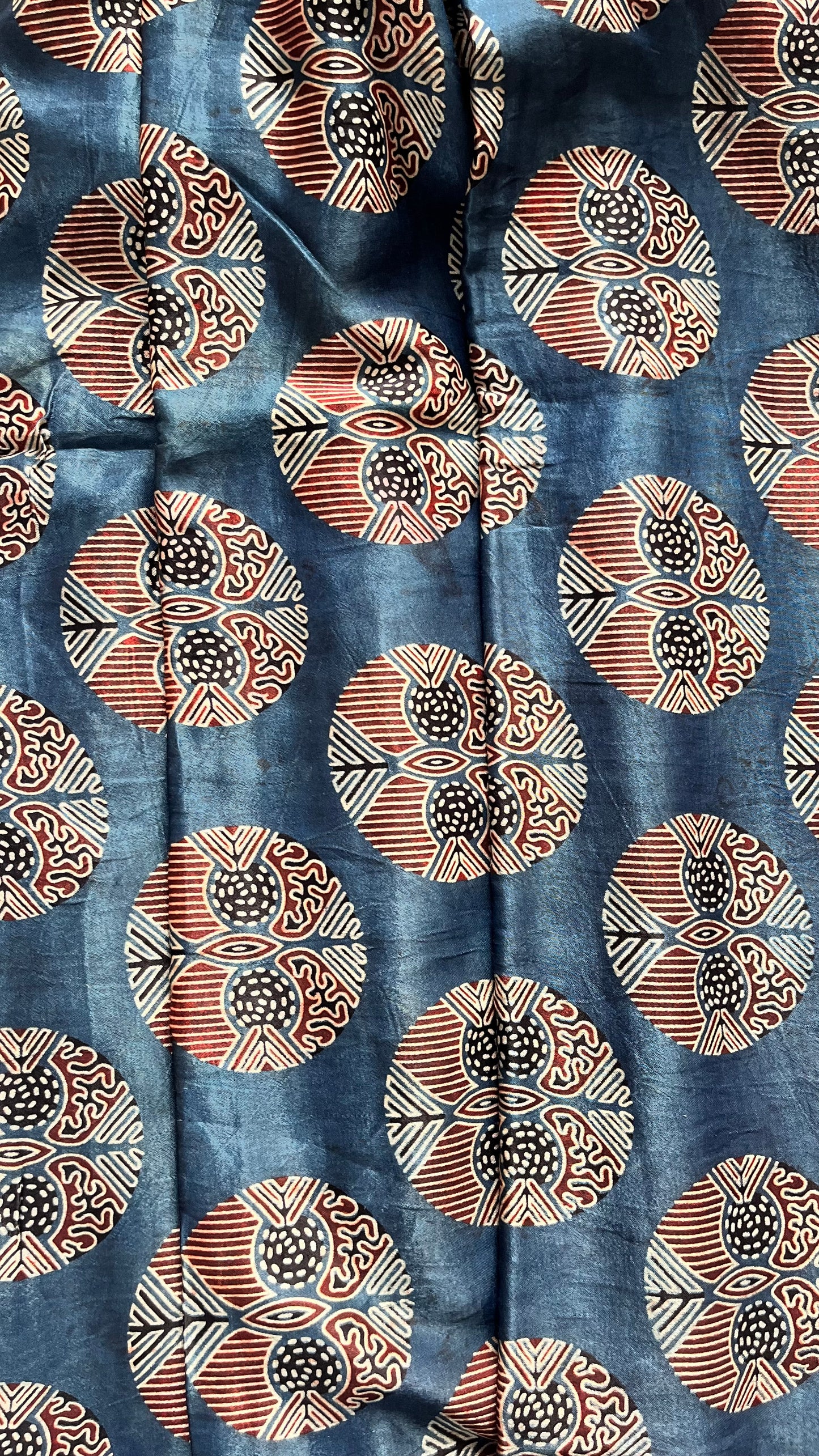 Blue Shade Circle Motif Ajrakh Mashru Silk Fabric