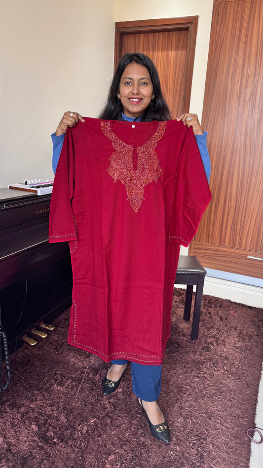 Maroon Sozni Hand Embroidered Pure Marino Wool Kashmiri Pheran with Pockets and Hand Embroidered Sleeves (Size 56”)